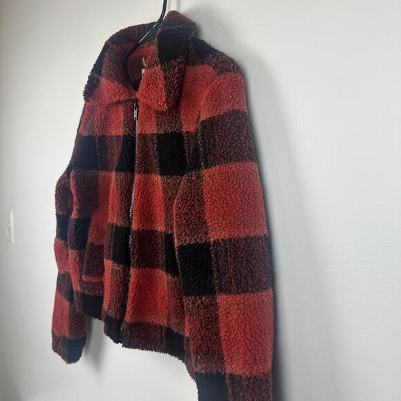Noisy May Womens Full-Zip Sherpa Buffalo Plaid Orange/Black Trucker Jacket XS - Picture 4 of 11